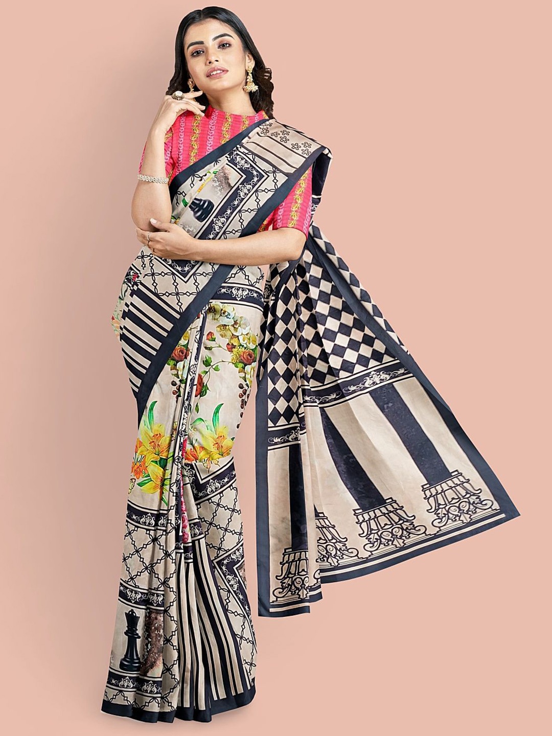 

Avyay Creation Ethnic Motifs Printed Silk Crepe Saree, Beige