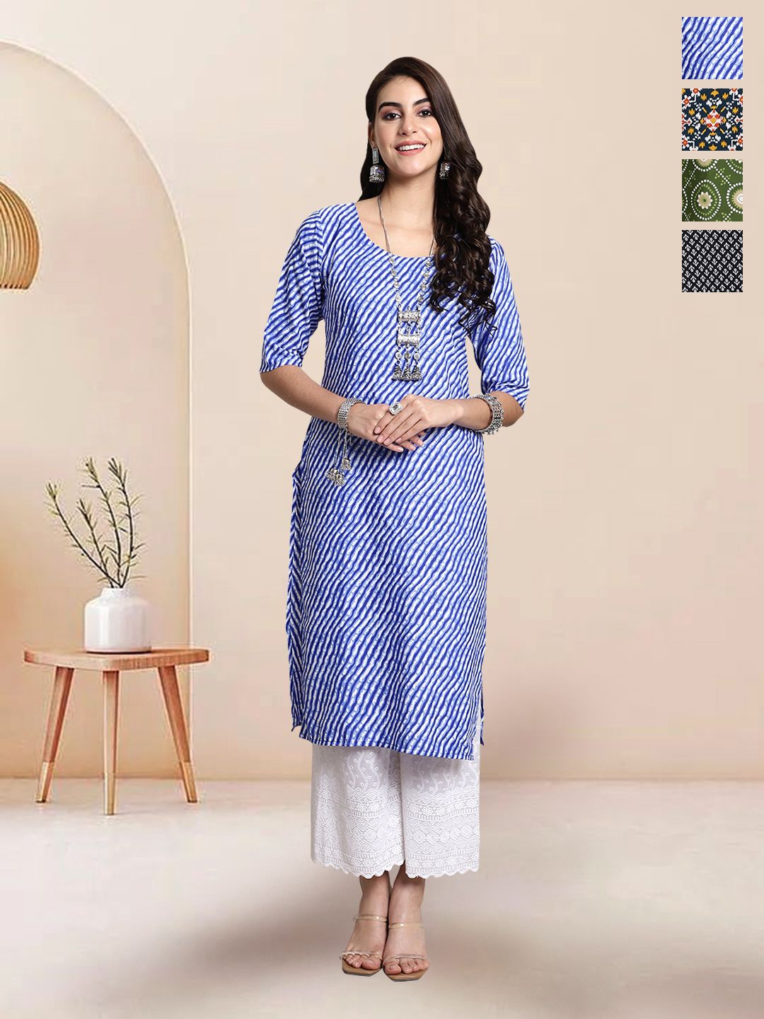 

7Threads Selection of 4 Striped Round Neck Straight Kurtas, Blue