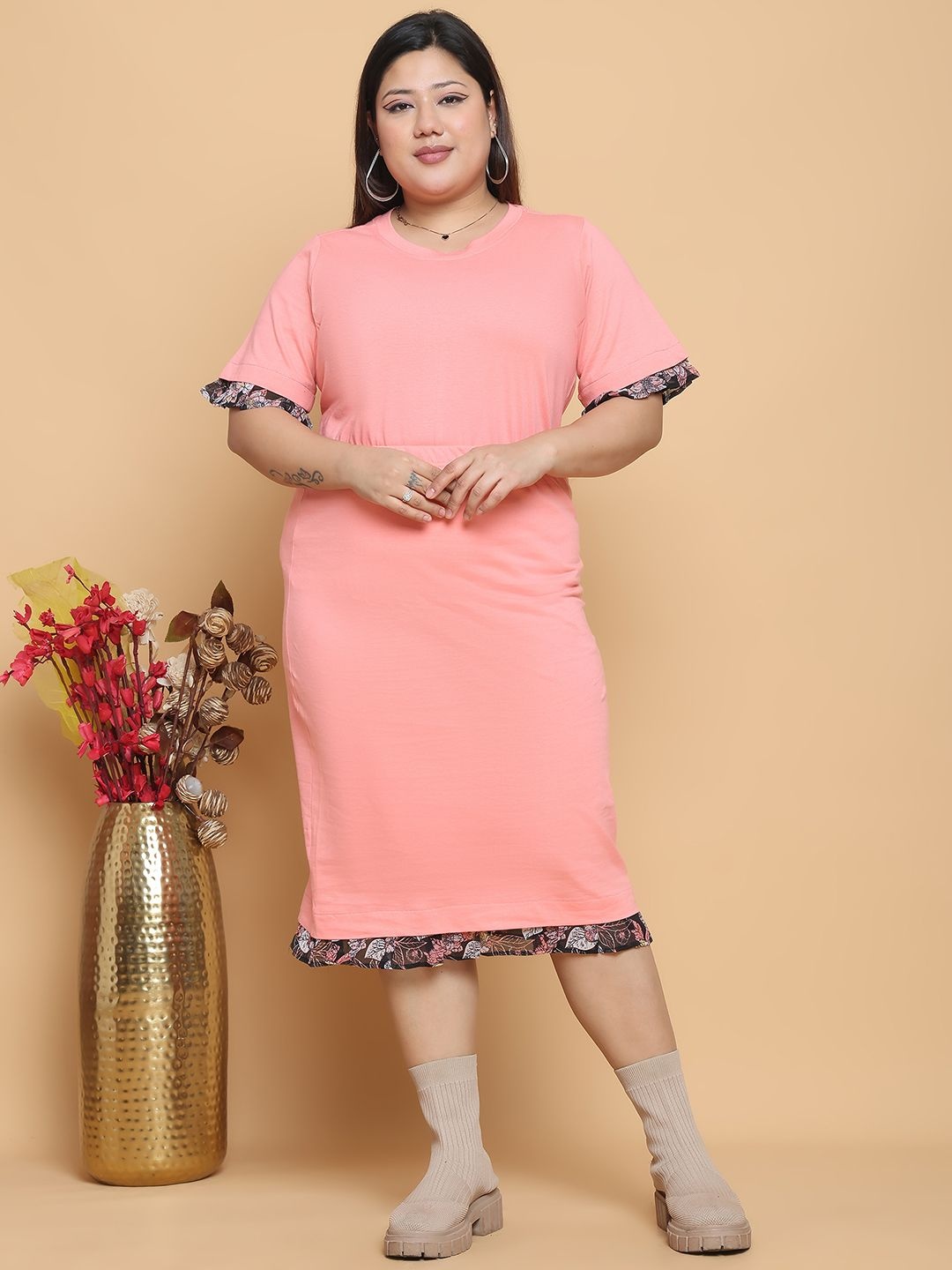 

theRebelinme Round Neck Pure Cotton Top With Skirt, Peach