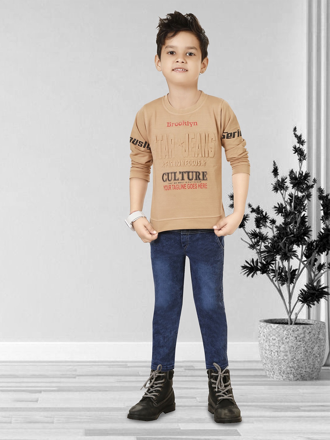 

LUCII Boys Printed Pure Cotton Sweatshirt With Jeans, Brown