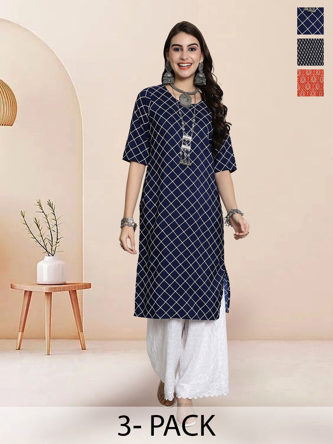 

7Threads Selection Of 3 Checked Printed Round Neck Kurtas, Blue