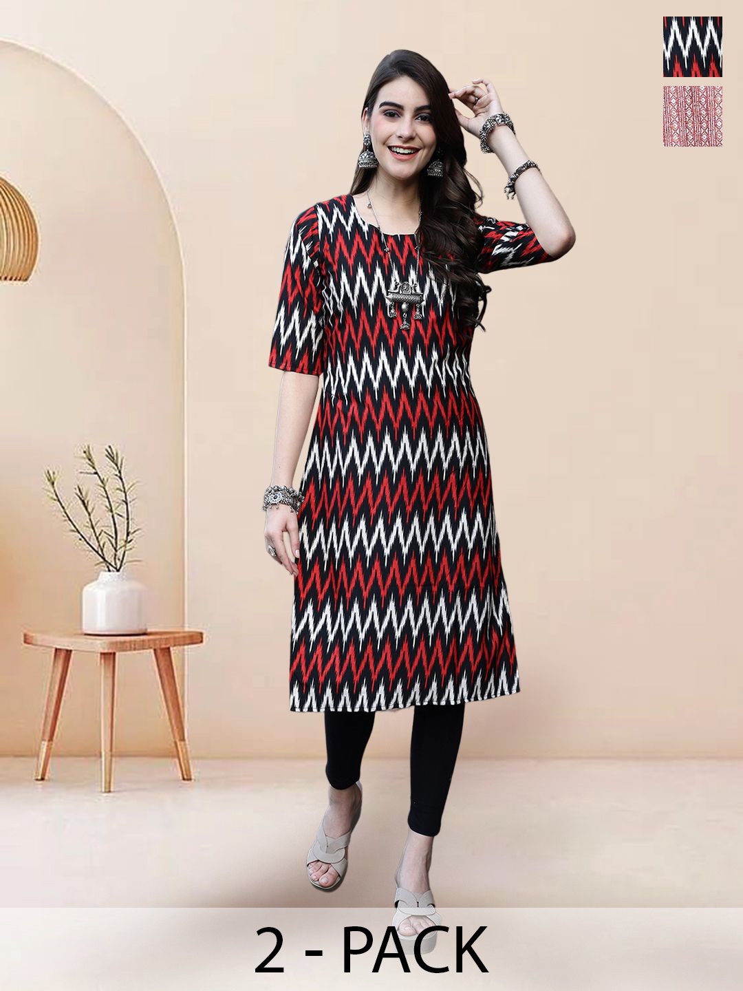 

7Threads Selection Of 2 Chevron Printed Round Neck Straight Kurtas, Red