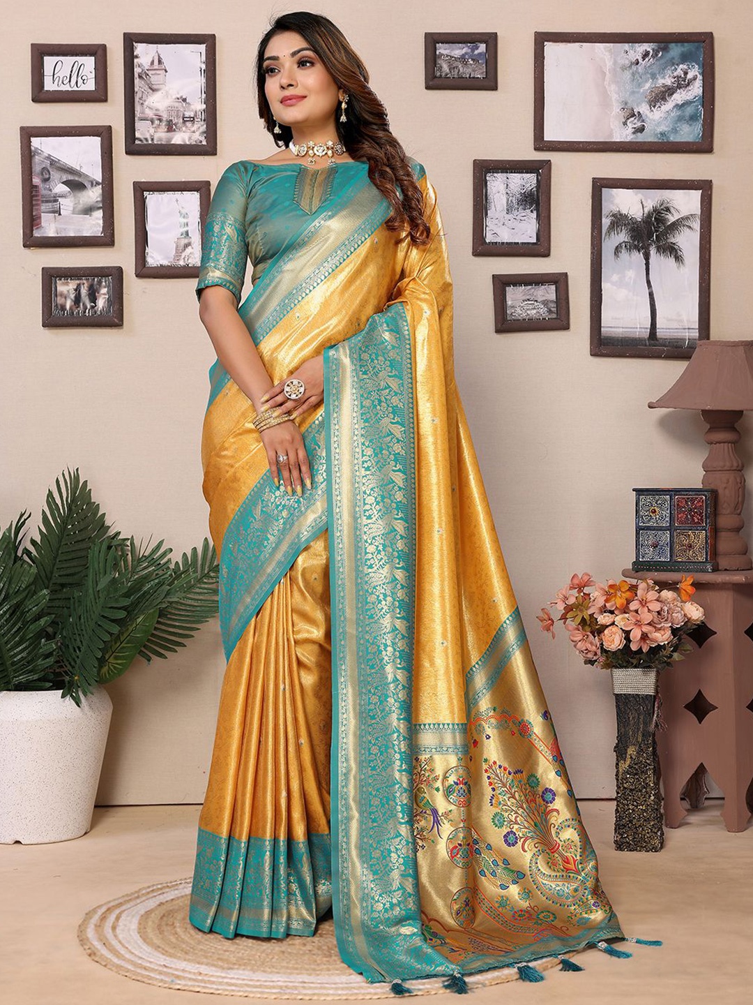 

Mitera Woven Design Zari Silk Blend Designer Banarasi Saree, Yellow