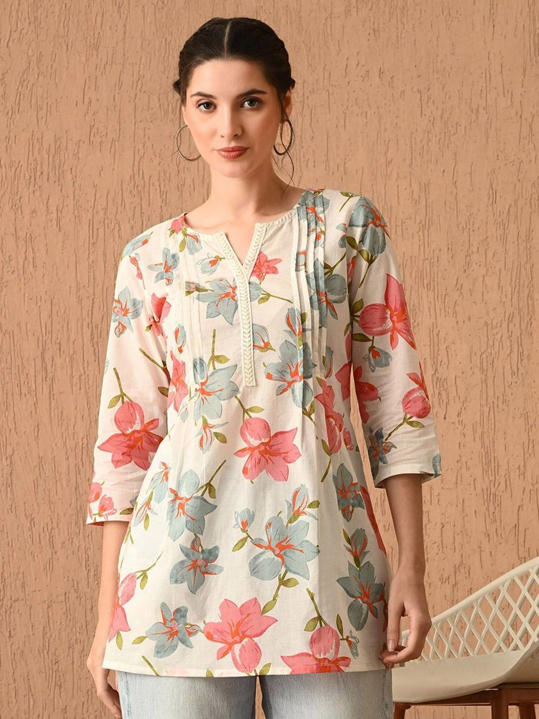 

Dipani Floral Print Bohemian Cotton Top, Off white