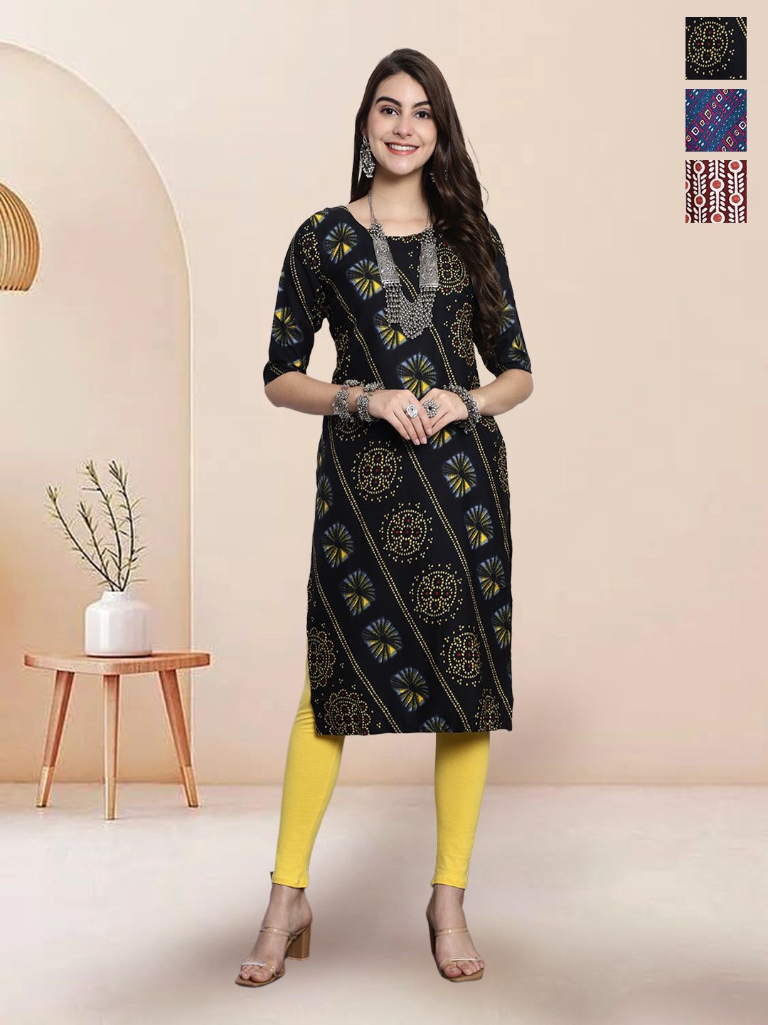 

7Threads Selection Of 3 Ethnic Motifs Printed Round Neck Straight Kurtas, Black