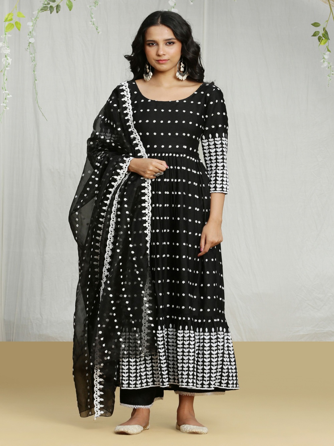 

SEW Geometric Embroidered Pure Cotton Anarkali Kurta With Trousers & Dupatta, Black