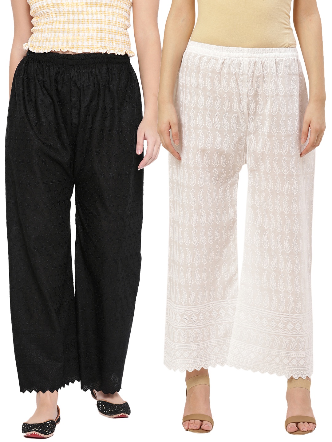

KALINI Pack Of 2 Ethnic Motifs Embroidered Chikankari Cotton Straight Palazzos, Black