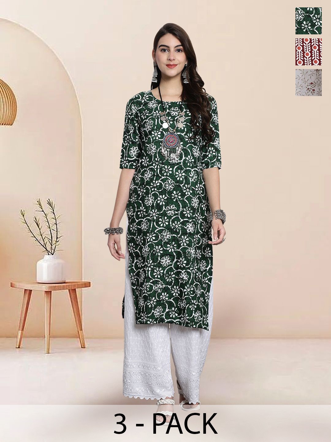 

7Threads Selection Of 3 Floral Printed Kurtas, Green