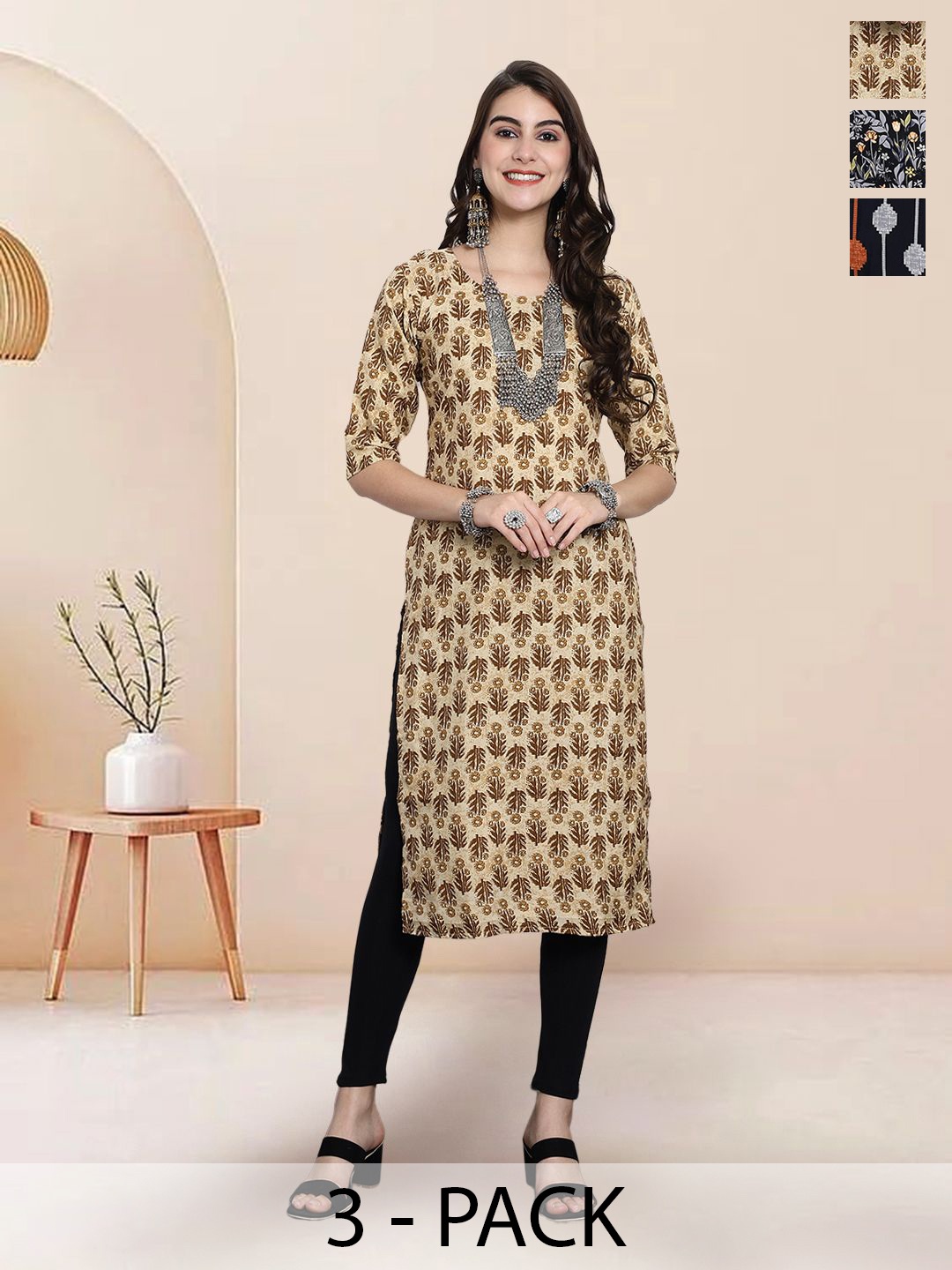 

7Threads Selection Of 3 Floral Printed Round Neck Straight Kurtas, Yellow