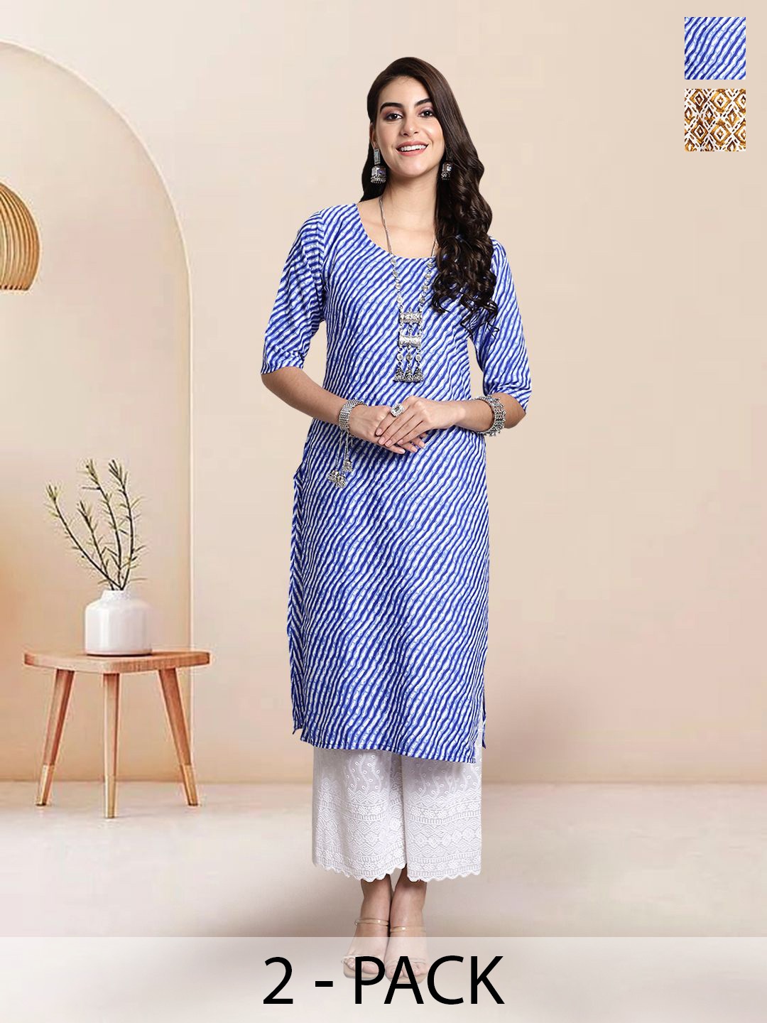 

7Threads Selection Of 2 Leheriya Printed Round Neck Straight Kurtas, Blue