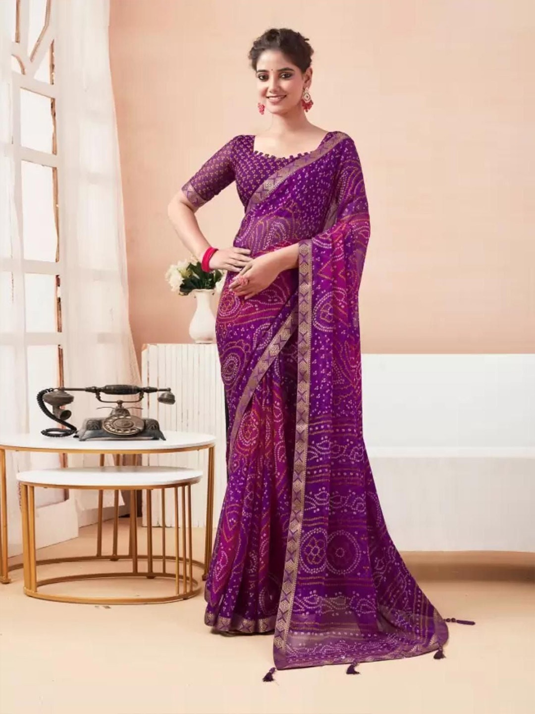 

DURGA EMPORIO Bandhani Zari Pure Chiffon Bandhani Saree, Purple
