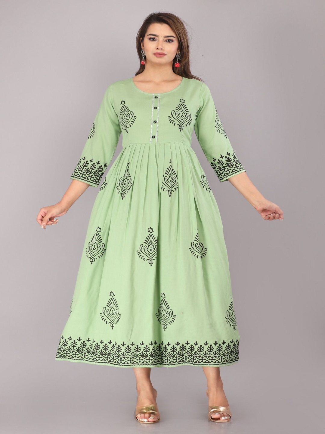 

PRIYAGANI GARMENTS Ethnic Motifs Printed Fit and Flare Hand Block Ethnic Dress, Green