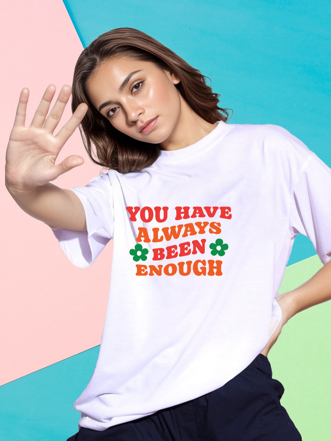 

Slenor Typography Printed Drop-Shoulder Sleeves Oversized T Shirt, White