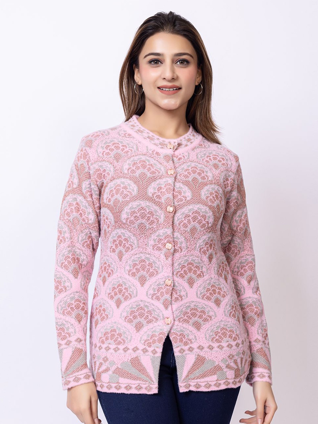 

Lady Leaf Women Embroidered Woollen Cardigan, Mauve