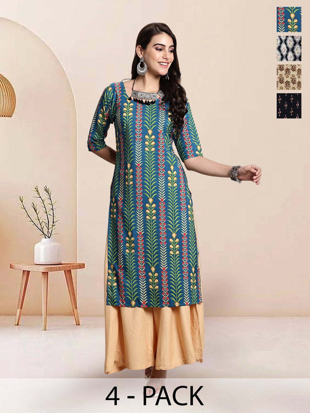 

7Threads Selection Of 4 Ethnic Motifs Printed Round Neck Kurtas, Blue