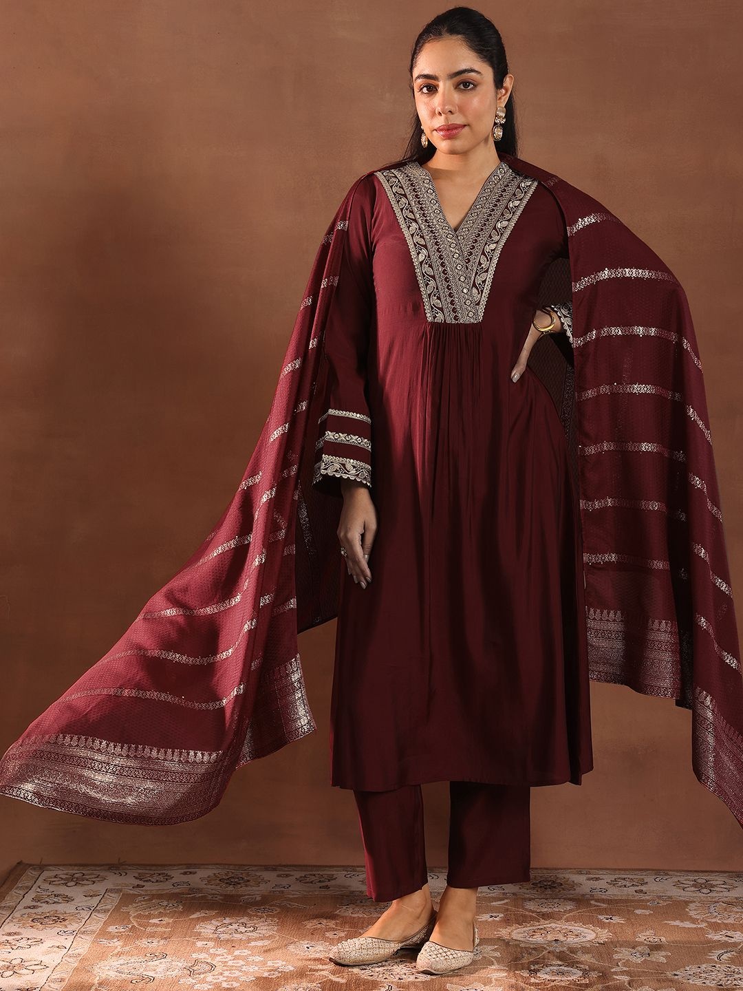 

Libas Floral Yoke Design Pleated Sequinned A-Line Kurta With Trousers & Dupatta, Maroon