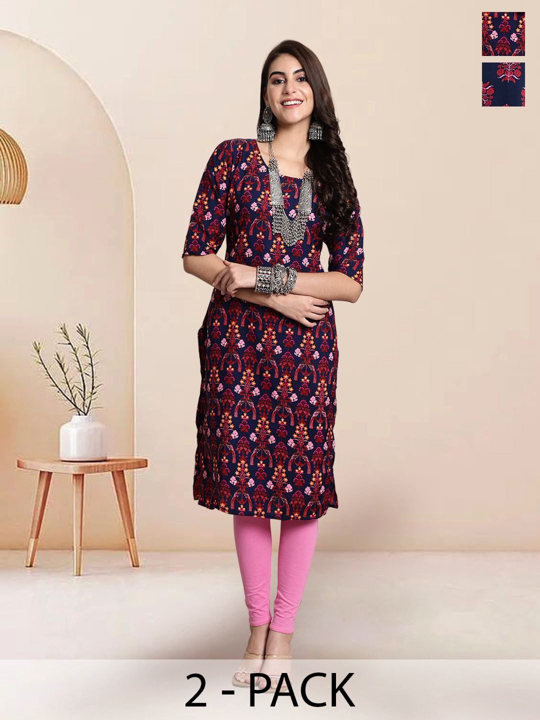 

7Threads Selection of 2 Floral Printed Round Neck Straight Kurtas, Navy blue