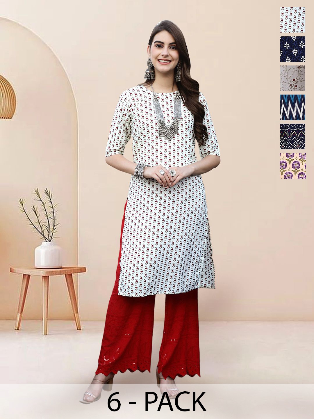 

7Threads Selection of 6 Floral Printed Round Neck Straight Kurtas, White