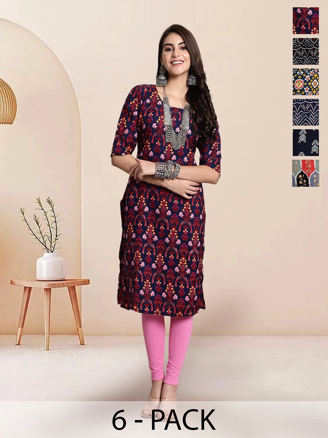 

7Threads Selection Of 6 Ethnic Motifs Printed Round Neck Straight Kurtas, Navy blue