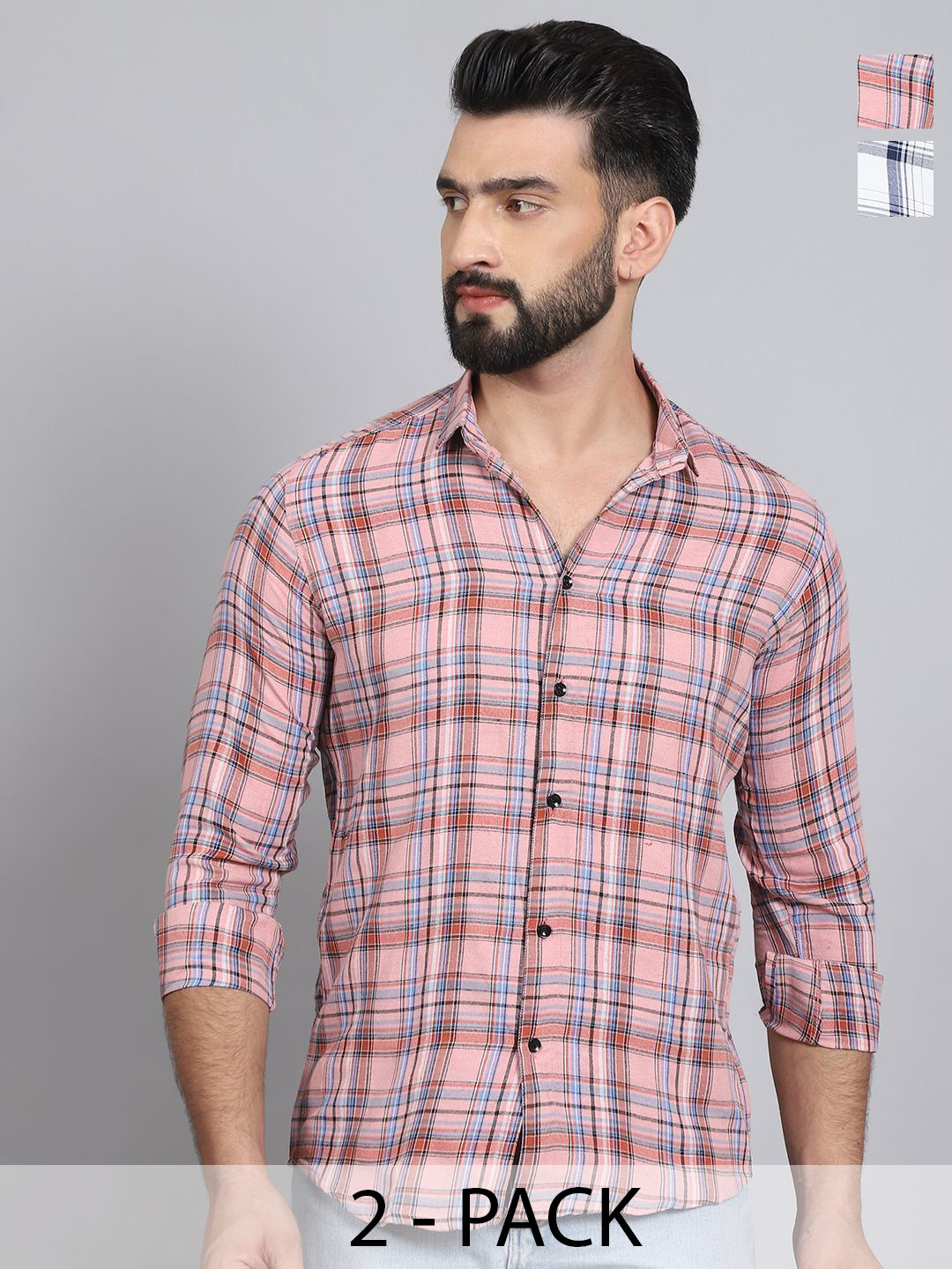

Tanip Men Pack Of 2 Spread Collar Tartan Checked Cotton Casual Shirts, Pink