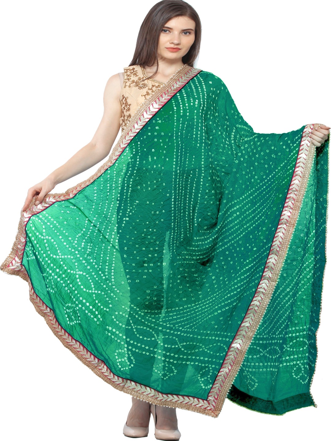 

Exotic India Pepper Green Tie-dye Print and Gota Border Silk Jodhpuri Dupatta