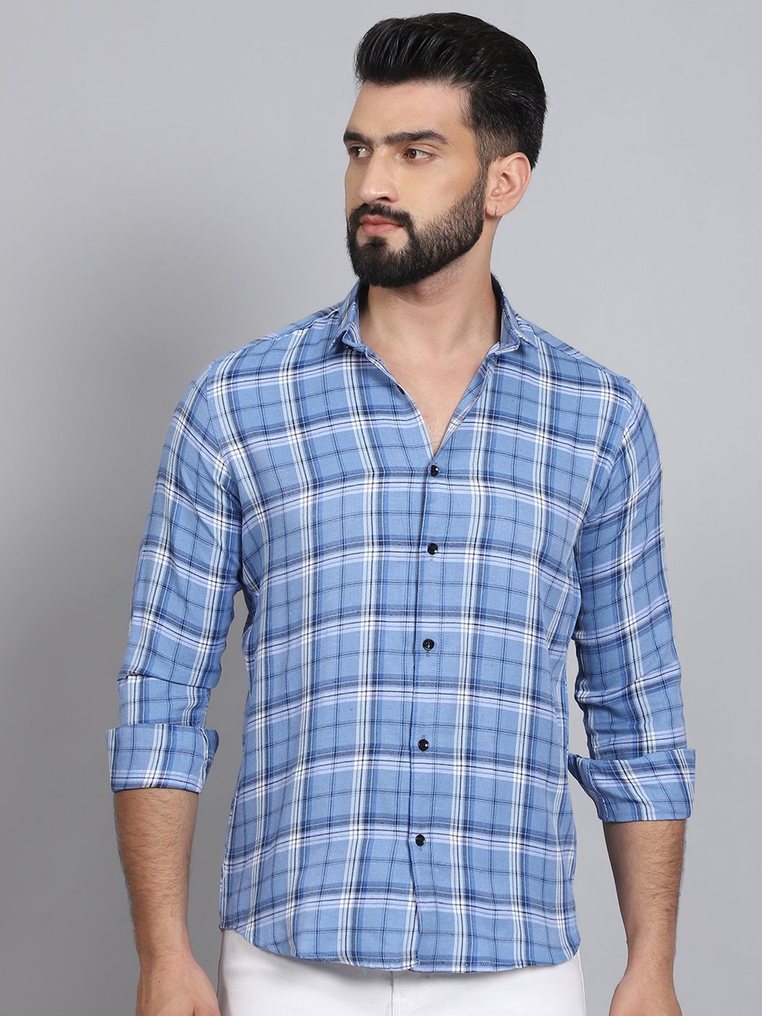 

Tanip Men Pack Of 2 Spread Collar Tartan Checked Cotton Casual Shirts, Blue