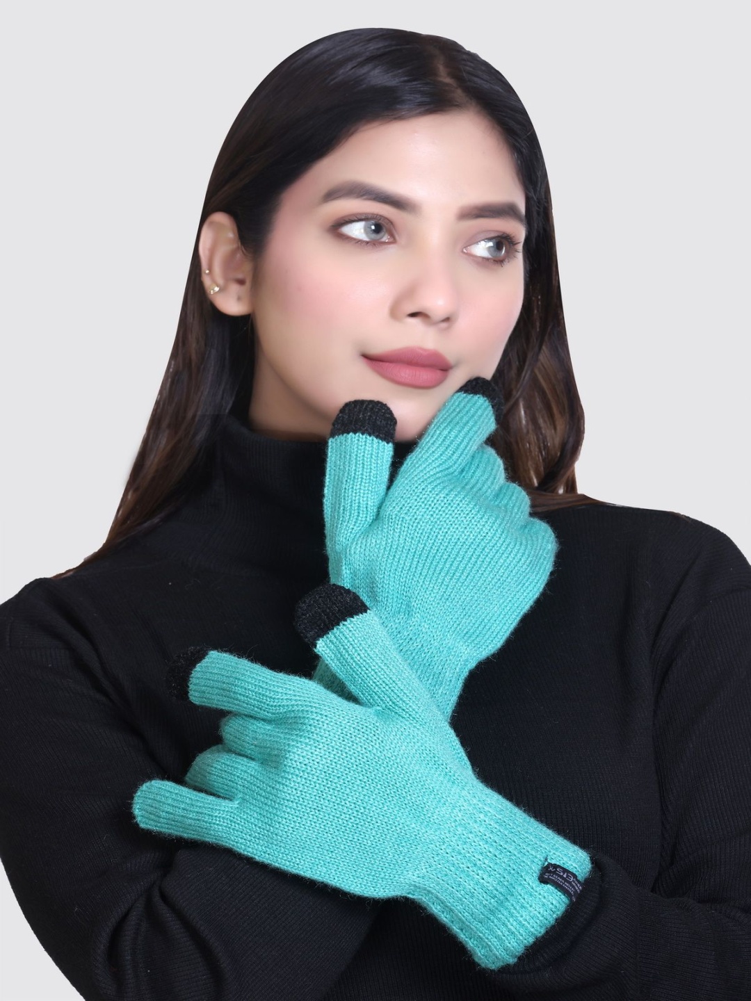 

513 Women Acrylic Winter Gloves, Turquoise blue
