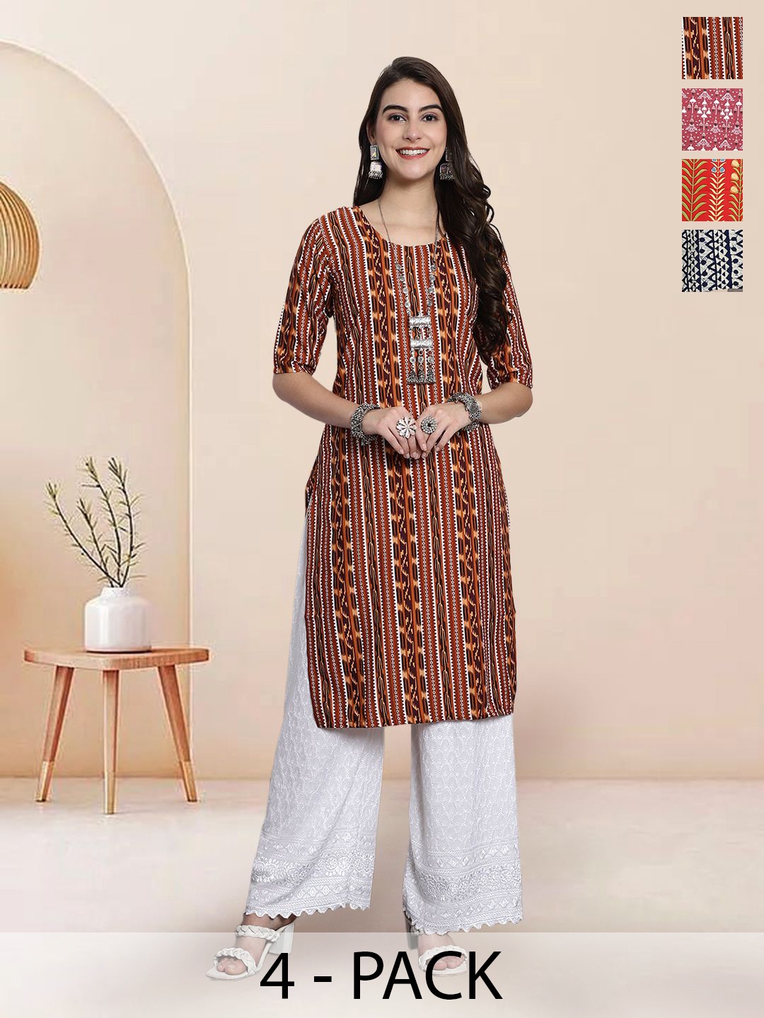

7Threads Selection Of 4 Geometric Printed Round Neck Kurtas, Brown