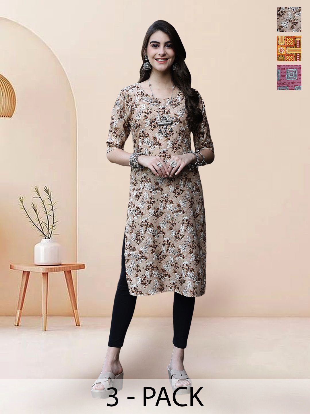 

7Threads Selection Of 3 Floral Printed Round Neck Straight Kurtas, Brown