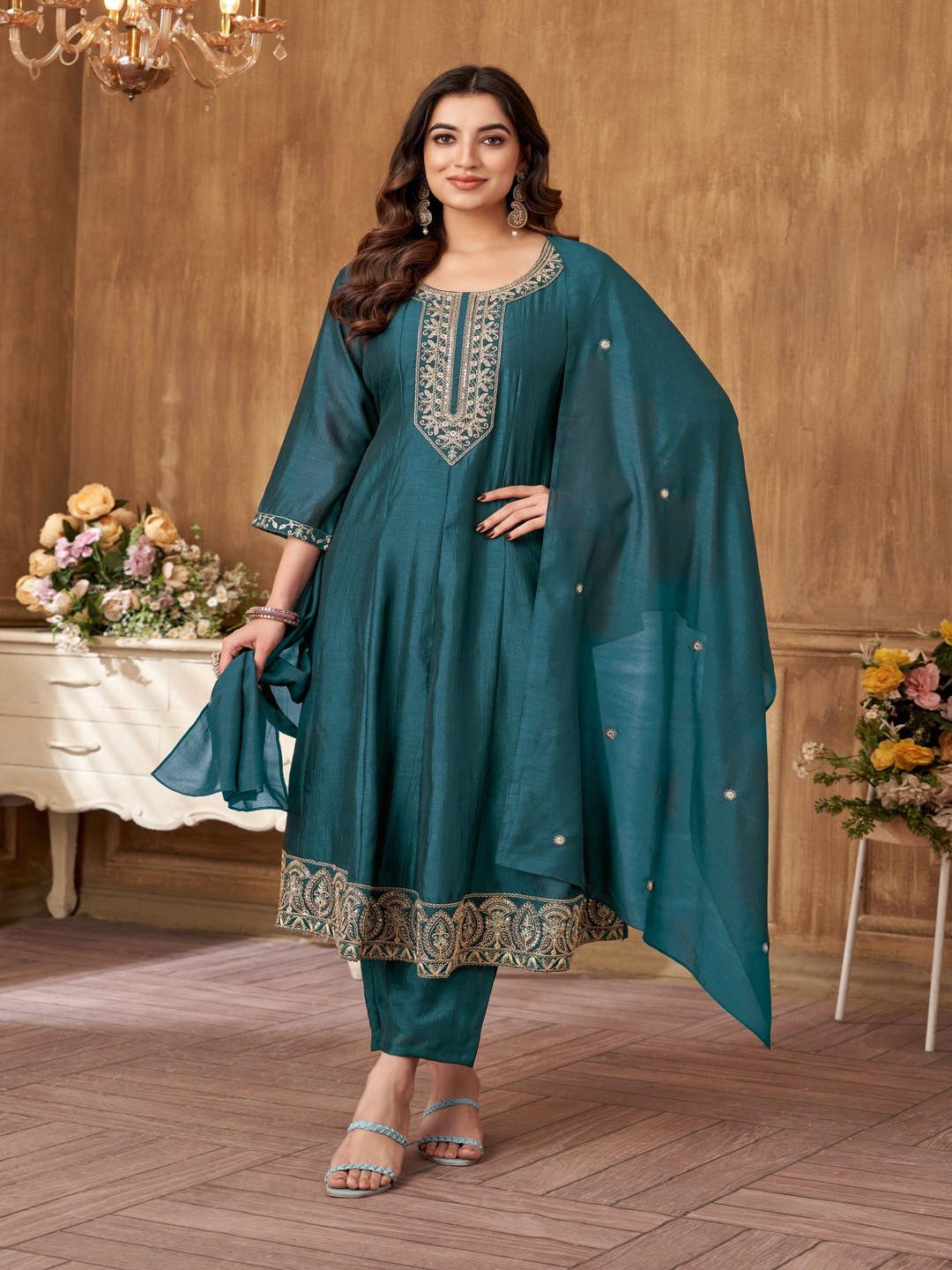 

VEDANT VASTRAM Floral Embroidered Sequinned Silk Georgette Kurta With Trouser & Dupatta, Turquoise blue