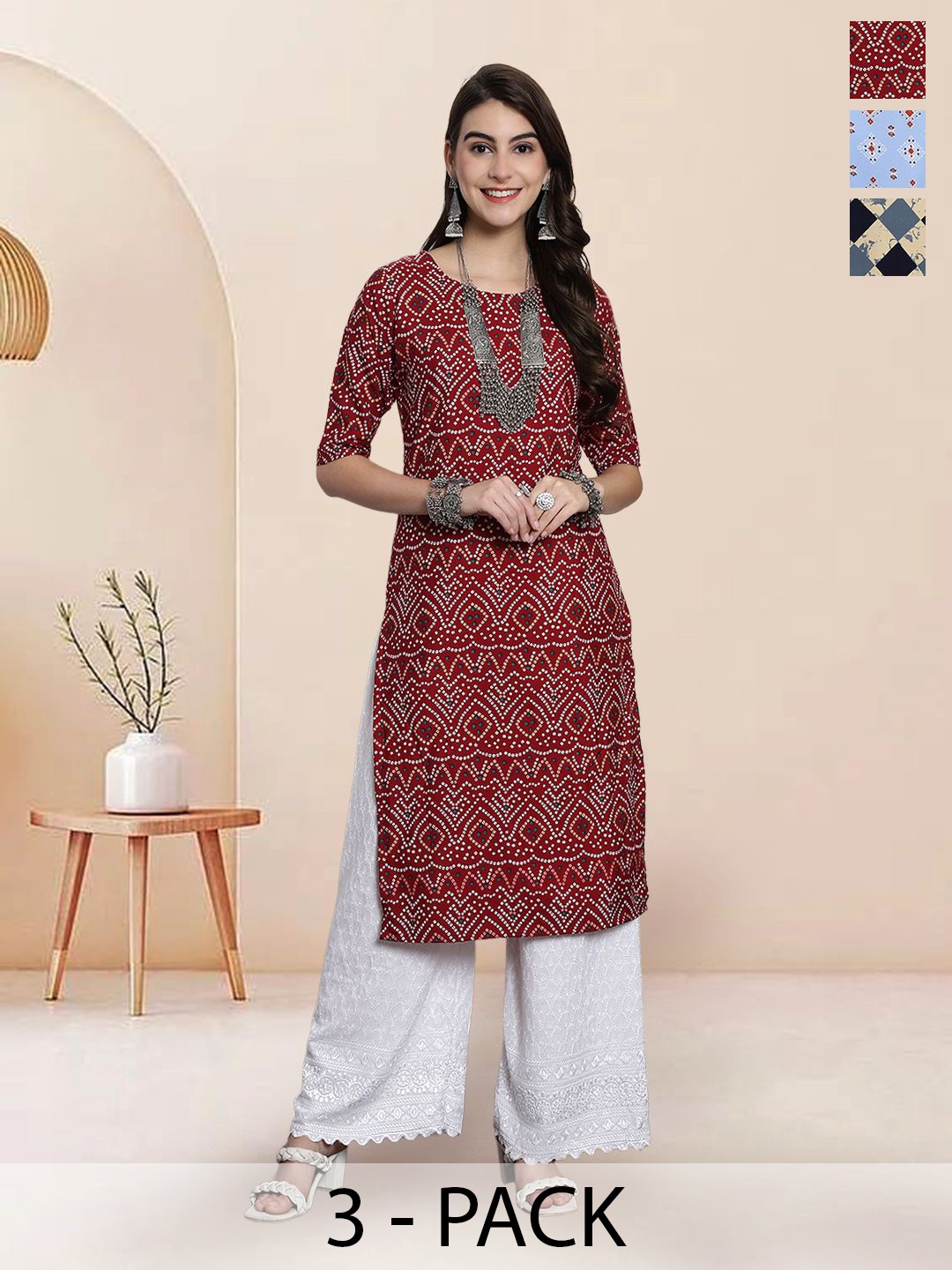 

7Threads Selection Of 3 Bandhani Printed Round Neck Straight Kurtas, Maroon