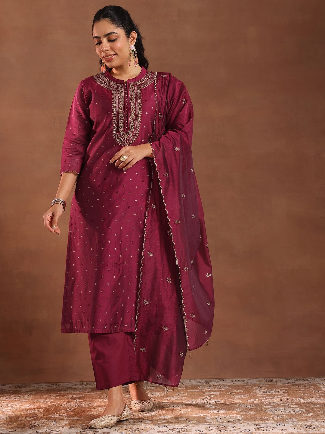 

Libas Ethnic Motifs Embroidered Chanderi Silk Straight Kurta with Trousers & Dupatta, Maroon