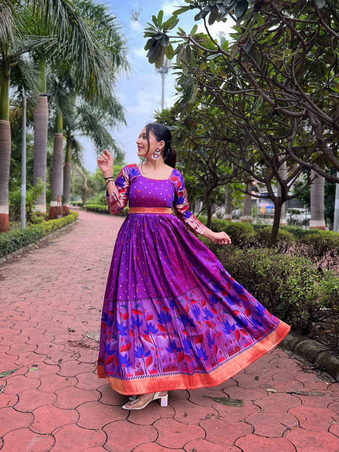 

DEVATITHI Floral Printed Round Neck Gathered Silk Fit & Flare Maxi Ethnic Dress, Purple