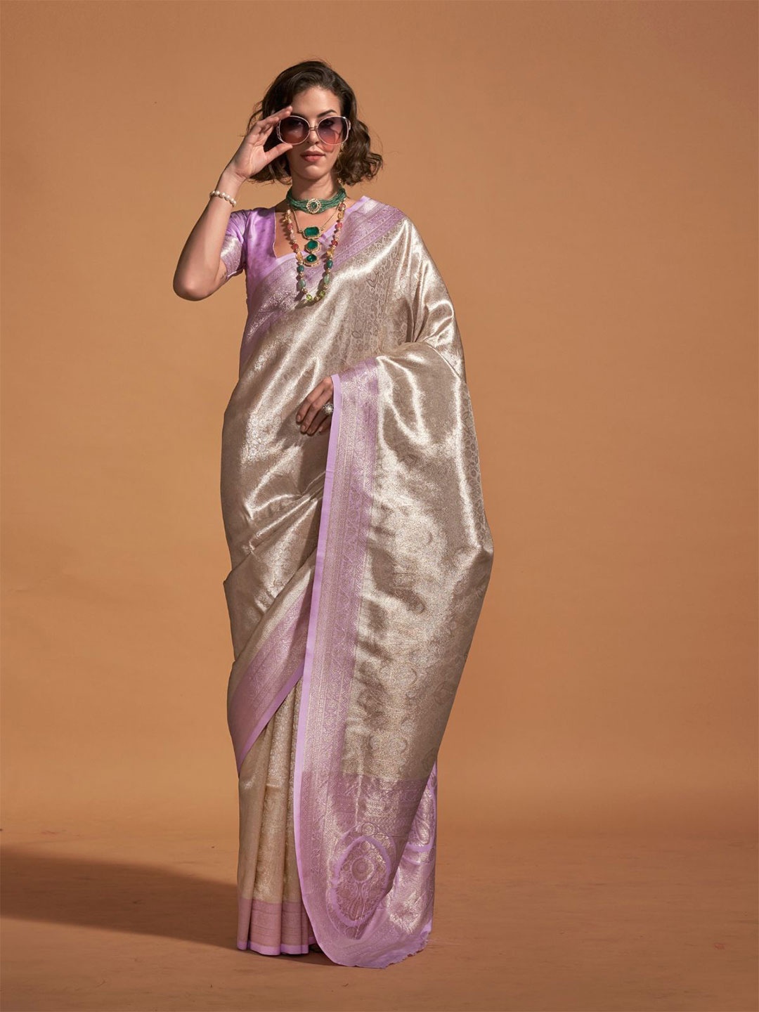 

ODETTE Woven Design Zari Silk Blend Saree, Off white
