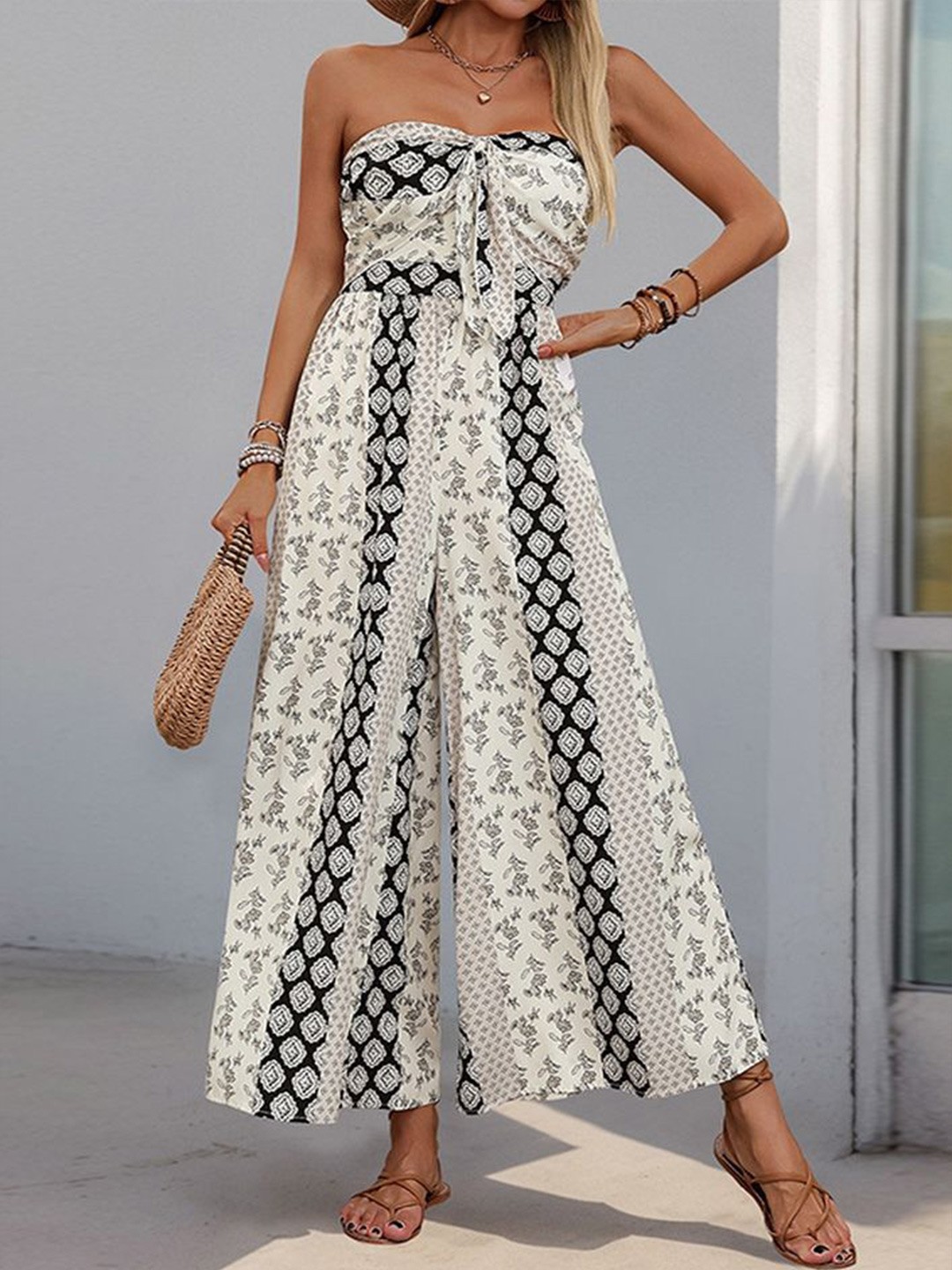 

LULU & SKY Strapless Printed Basic Jumpsuit, Black