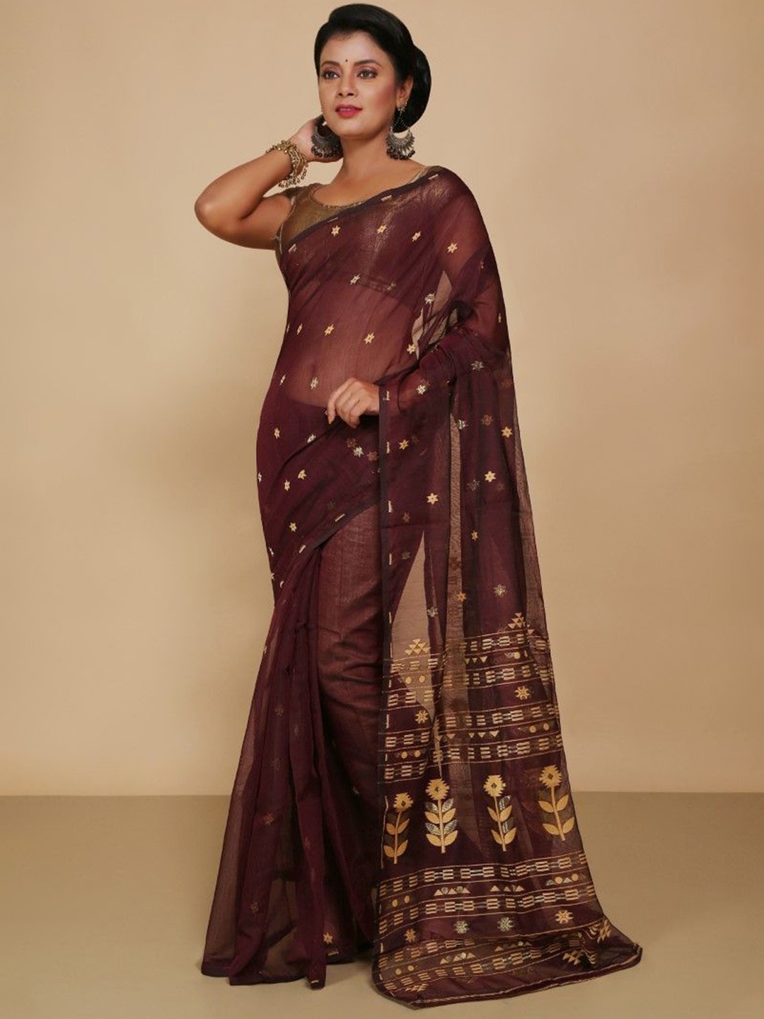 

BENGAL HANDLOOM Woven Design Zari Art Silk Jamdani Saree, Coffee brown