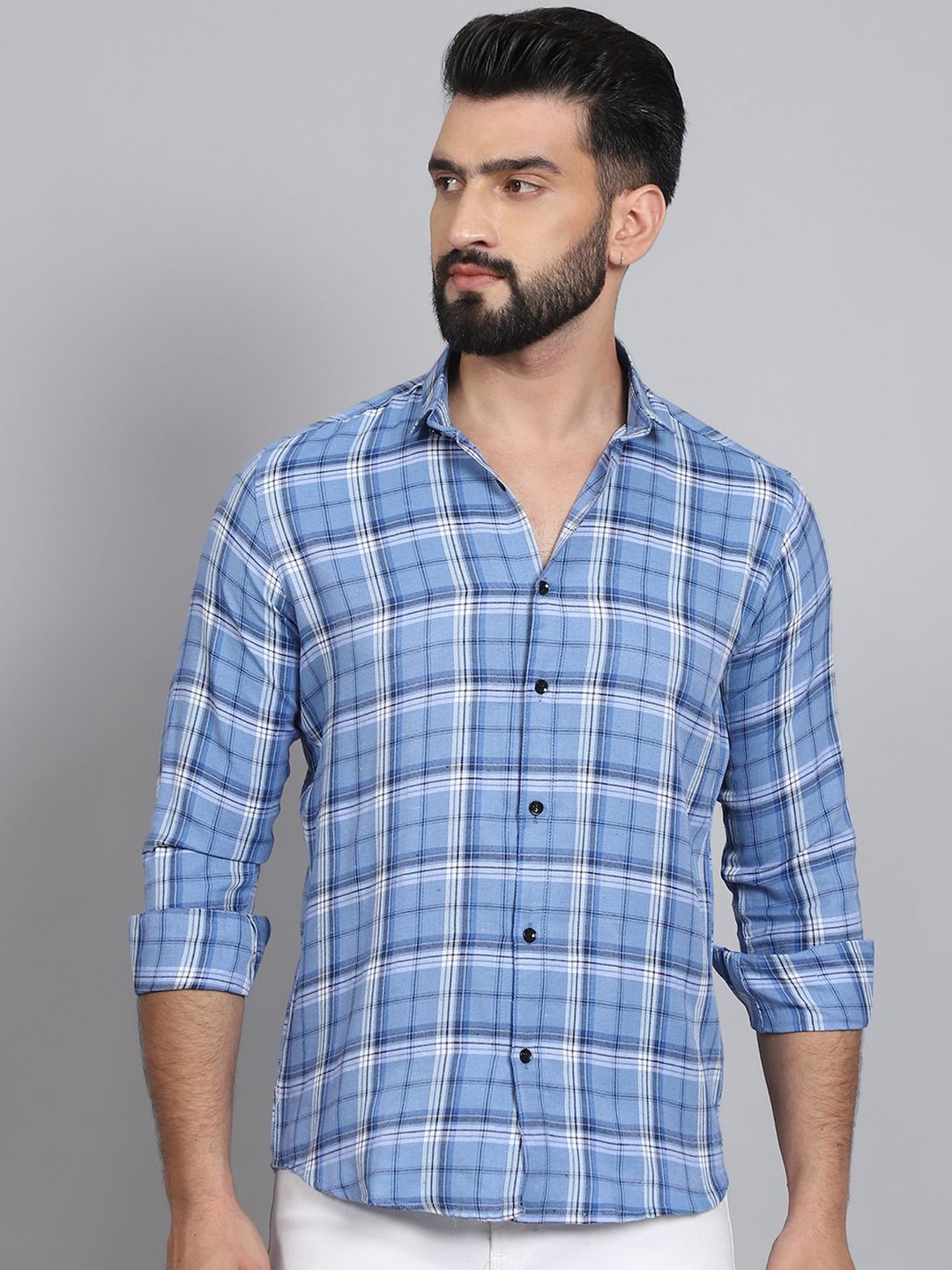 

Tanip Men Pack Of 2 Spread Collar Tartan Checked Cotton Casual Shirts, Blue