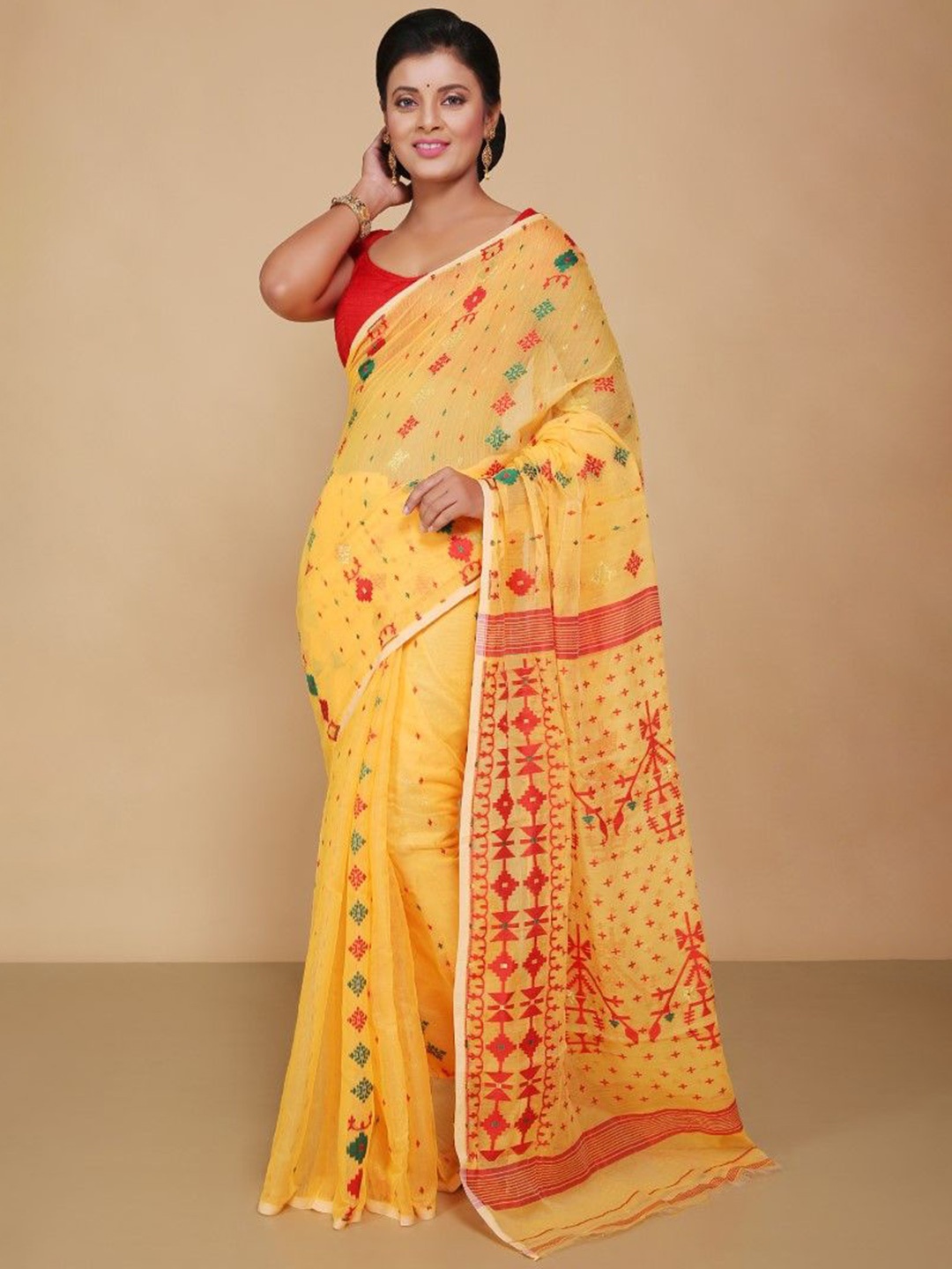 

BENGAL HANDLOOM Woven Design Art Silk Jamdani Saree, Yellow