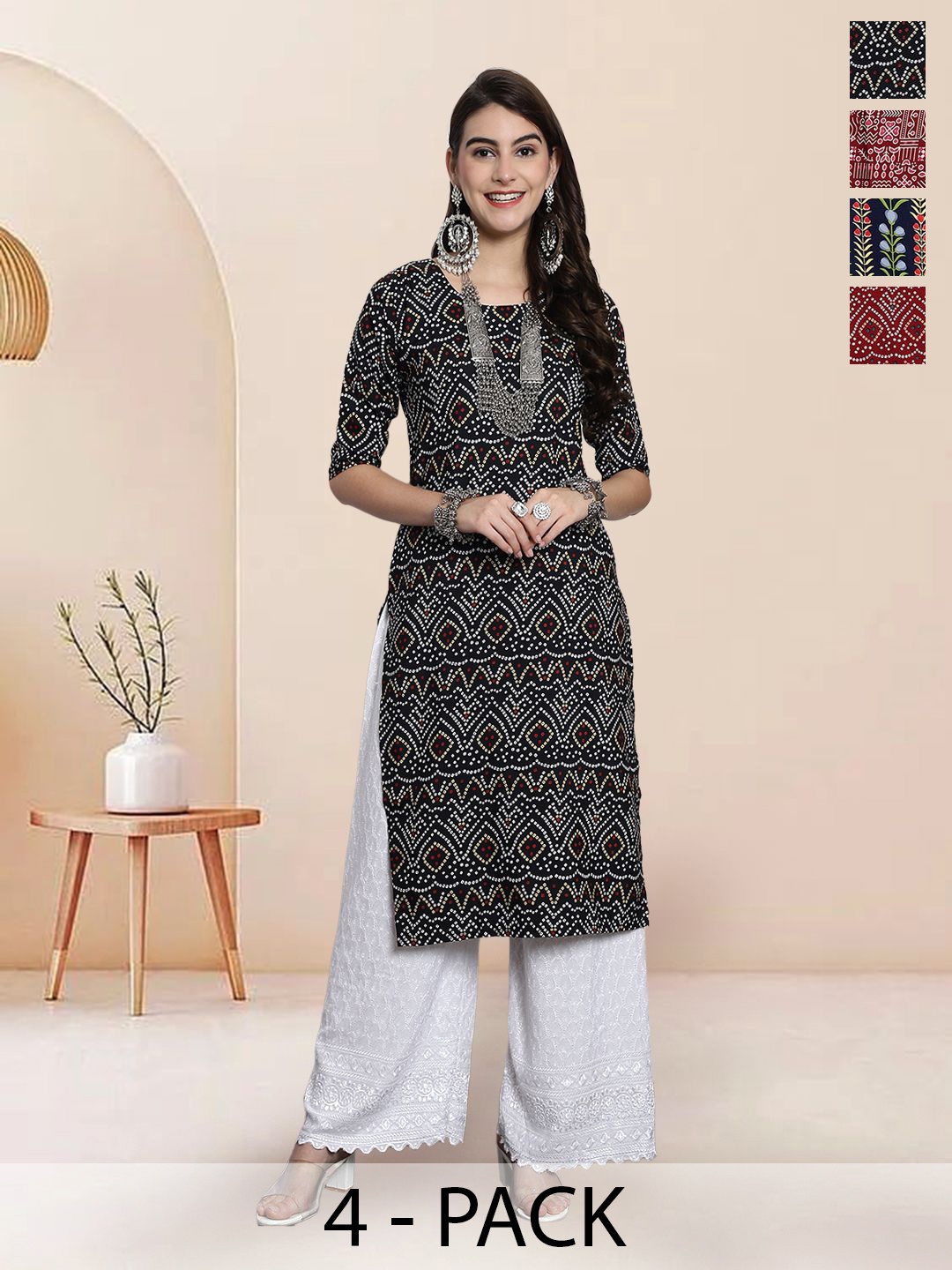 

7Threads Selection Of 4 Bandhani Printed Round Neck Straight Kurtas, Black