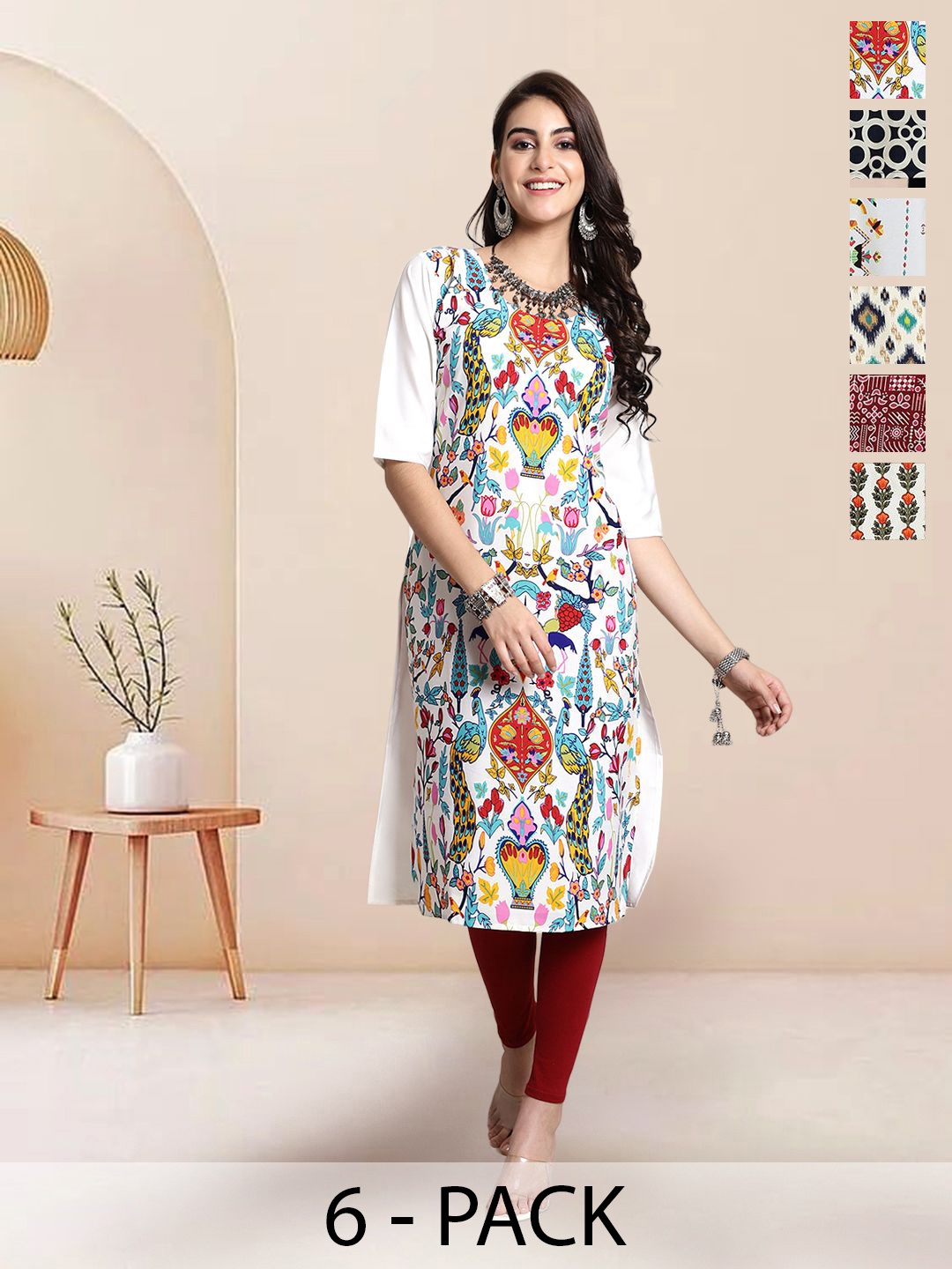 

7Threads Selection Of 6 Floral Printed Round Neck Straight Kurtas, White