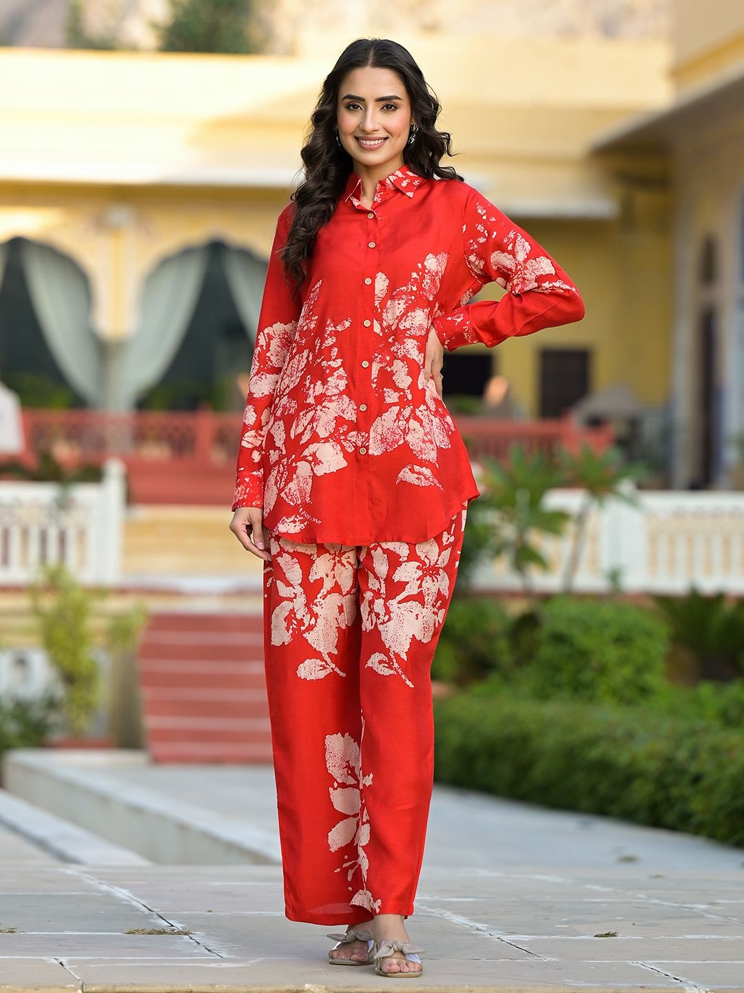 

BAESD Printed Long Sleeves Shirt With Trouser, Red