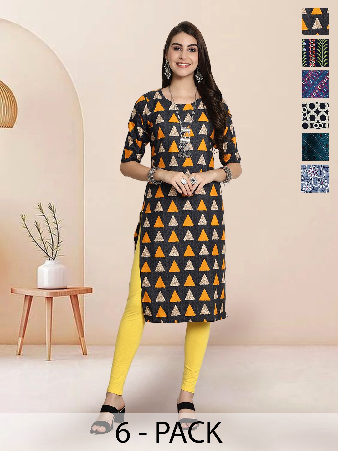 

7Threads Selection Of 6 Ethnic Motifs Printed Round Neck Straight Kurtas, Black