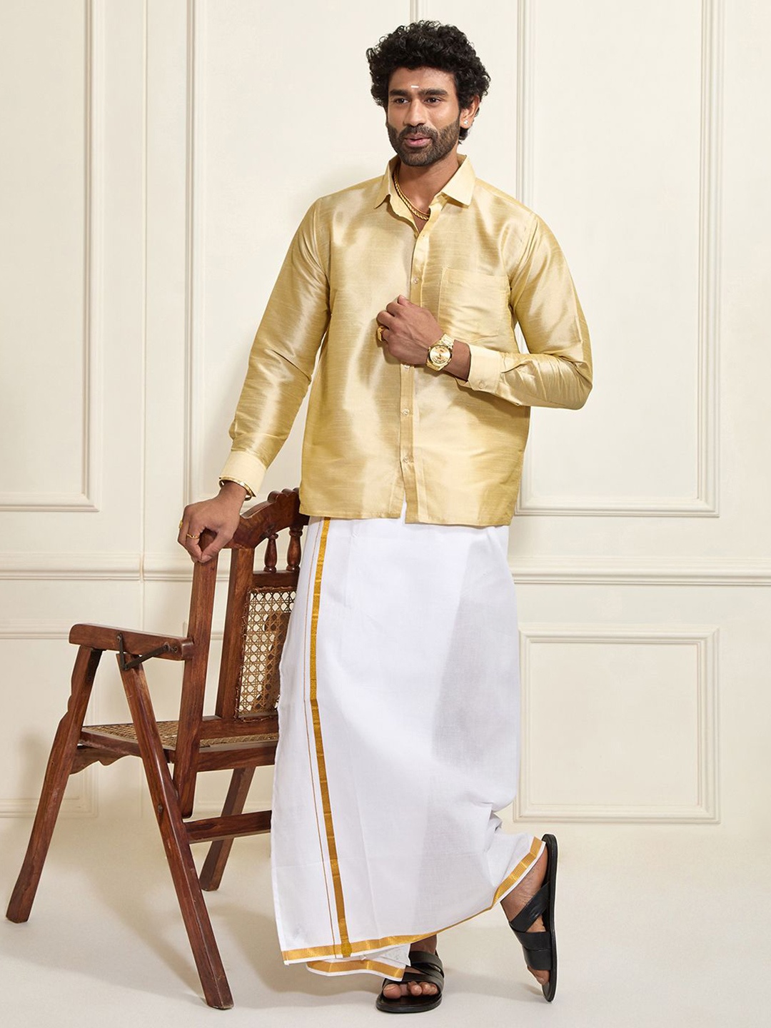 

VASTRAMAY Shirt Collar Long Roll-Up Sleeves Shirt With Veshti, Gold