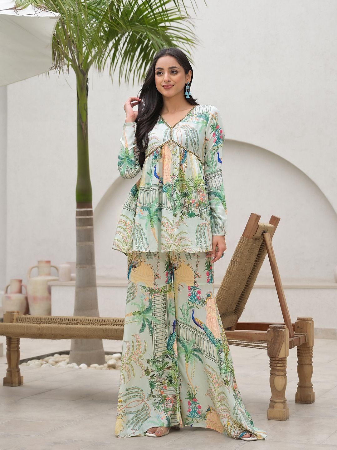 

BAESD Printed V-Neck Tunic With Palazzo, Green