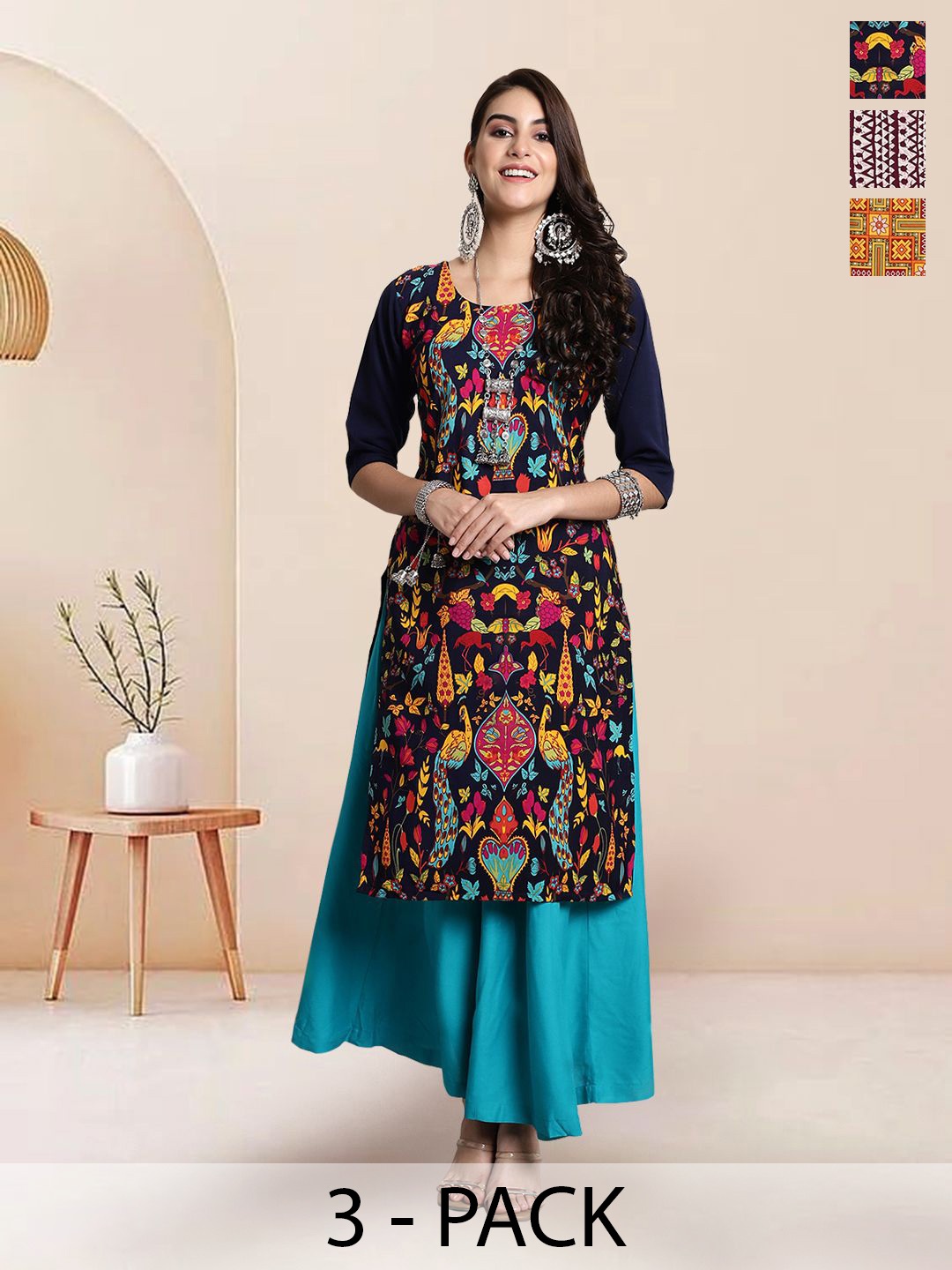 

7Threads Selection Of Ethnic Motifs Printed Round Neck Straight Kurtas, Black