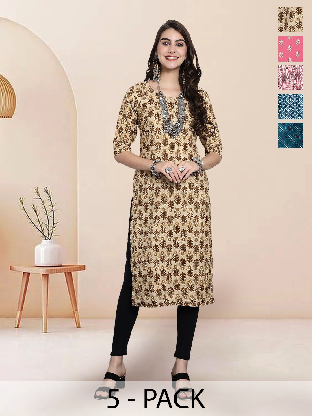 

7Threads Selection Of 5 Floral Printed Round Neck Kurtas, Beige