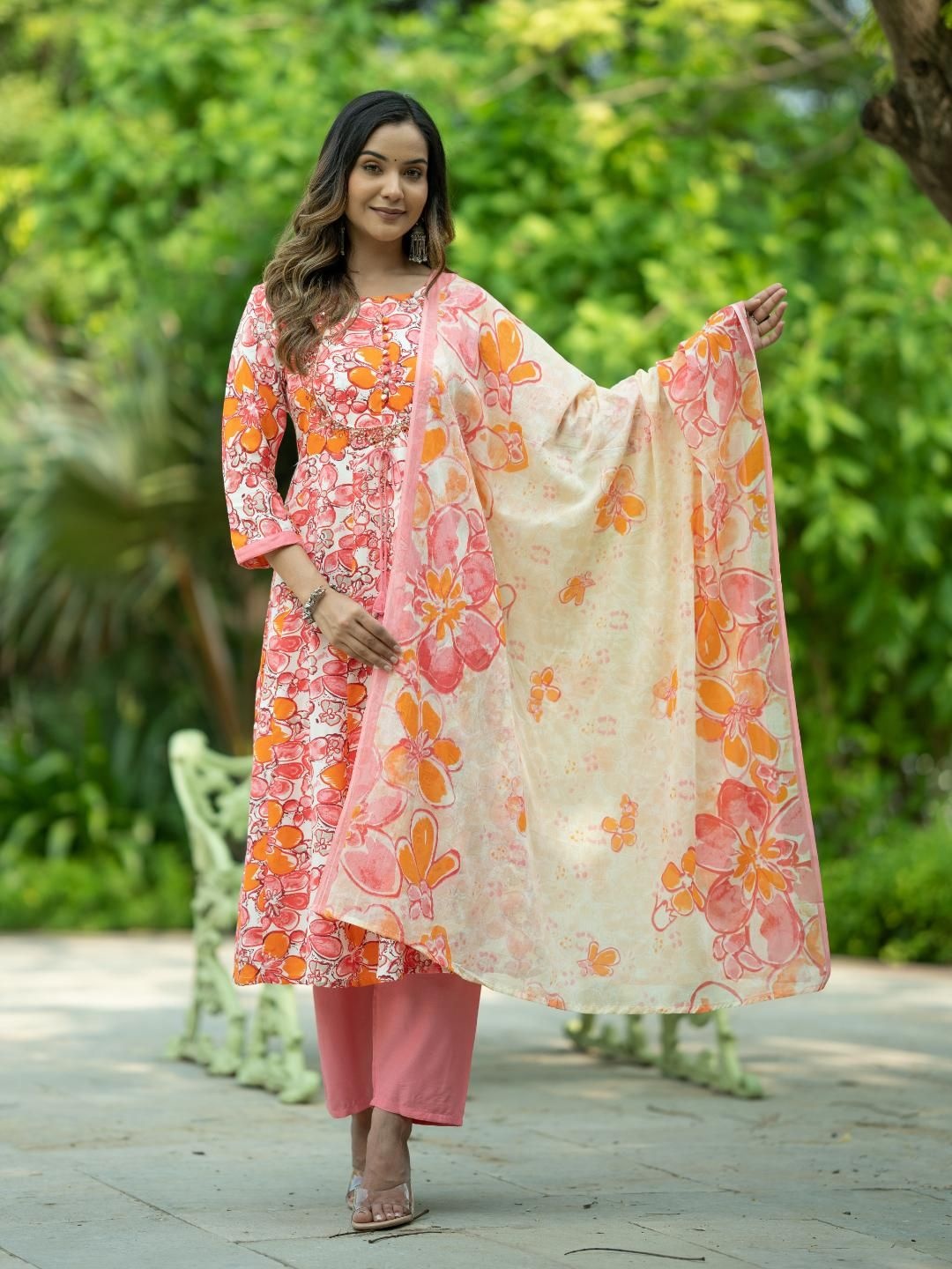 

Moda Rapido Pink Floral Printed Pure Cotton Anarkali Kurta With Trouser & Dupatta