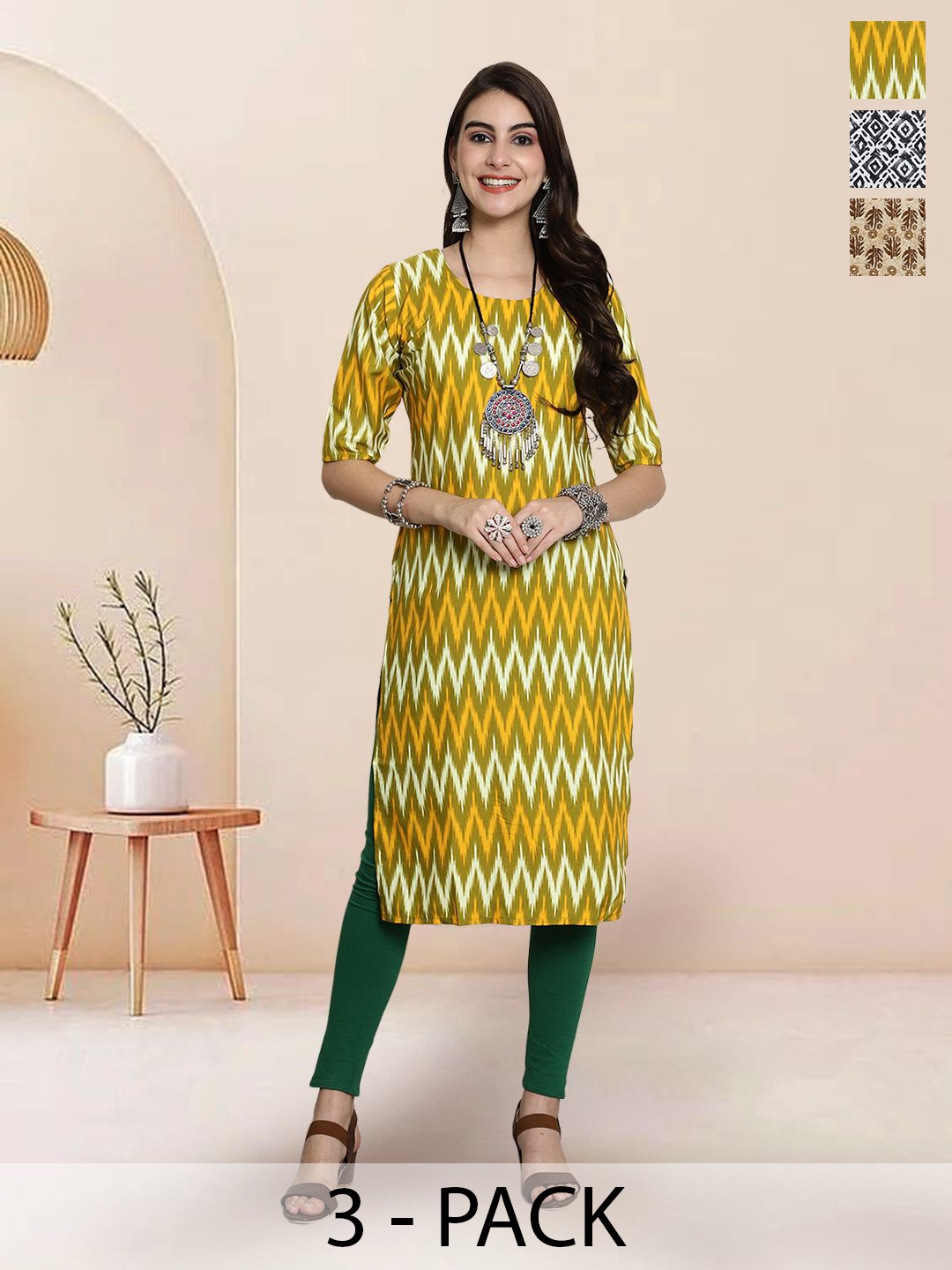 

7Threads Selection Of 3 Chevron Printed Round Neck Kurtas, Yellow