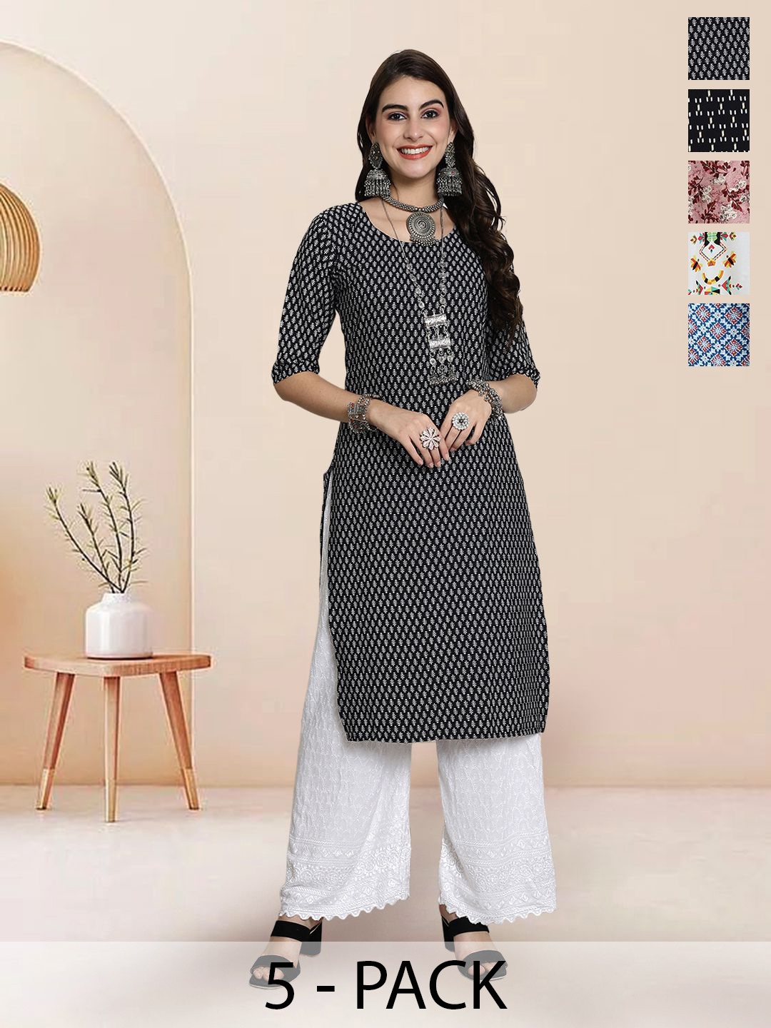

7Threads Selection Of 5 Ethnic Motifs Printed Round Neck Straight Kurtas, Black