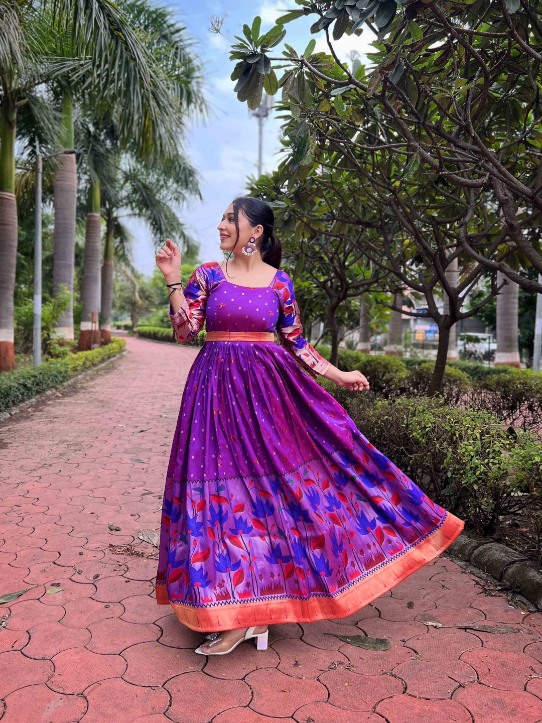 

DEVATITHI Printed Silk Fit & Flare Maxi Ethnic Dress, Purple